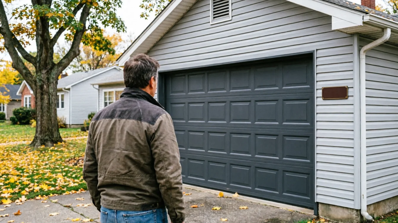 A man stands in a driveway looking at a closed gray garage door.
