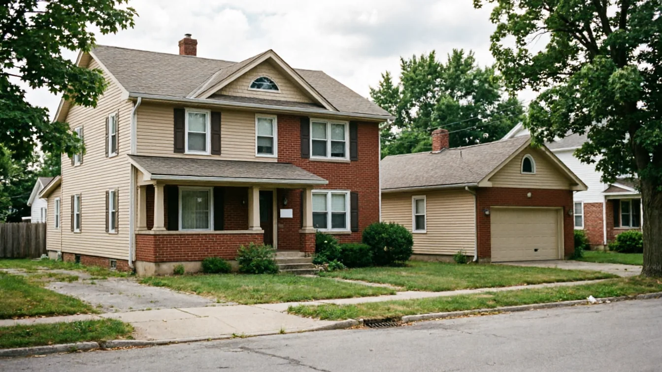 A two-story house with a detached garage and a light brown garage door.