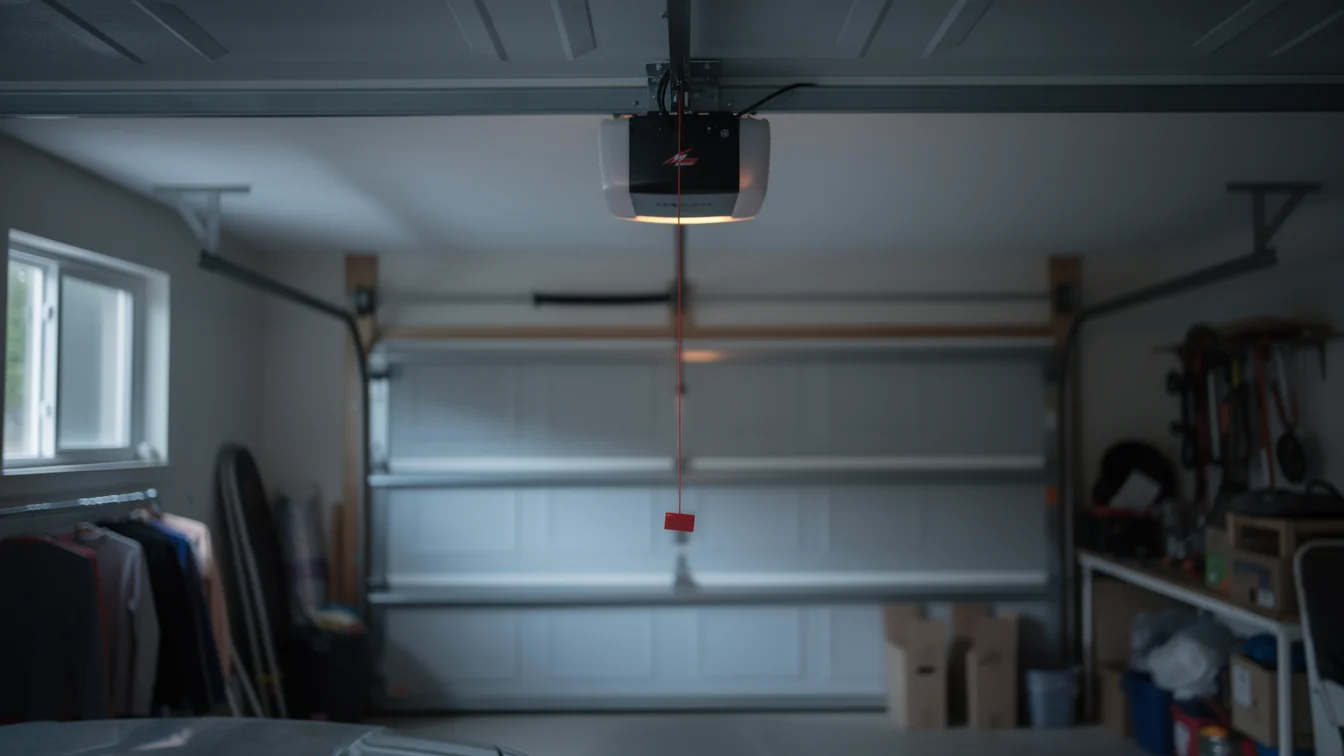 The garage door opener with a red emergency release cord hangs above a closed garage door.