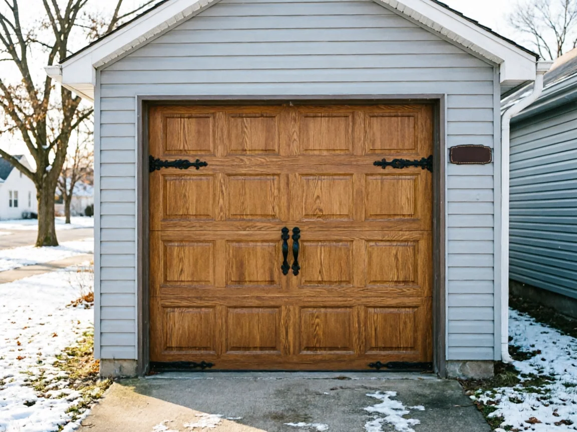 A brown wooden garage door with black decorative hardware on a light gray garage.
